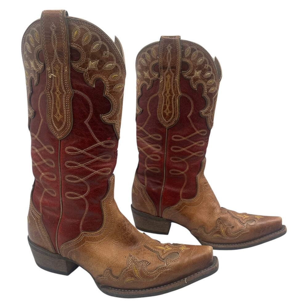 Ariat Round Up D Toe Wingtip Western Cowgirl Boot Tan Red Sz 6B